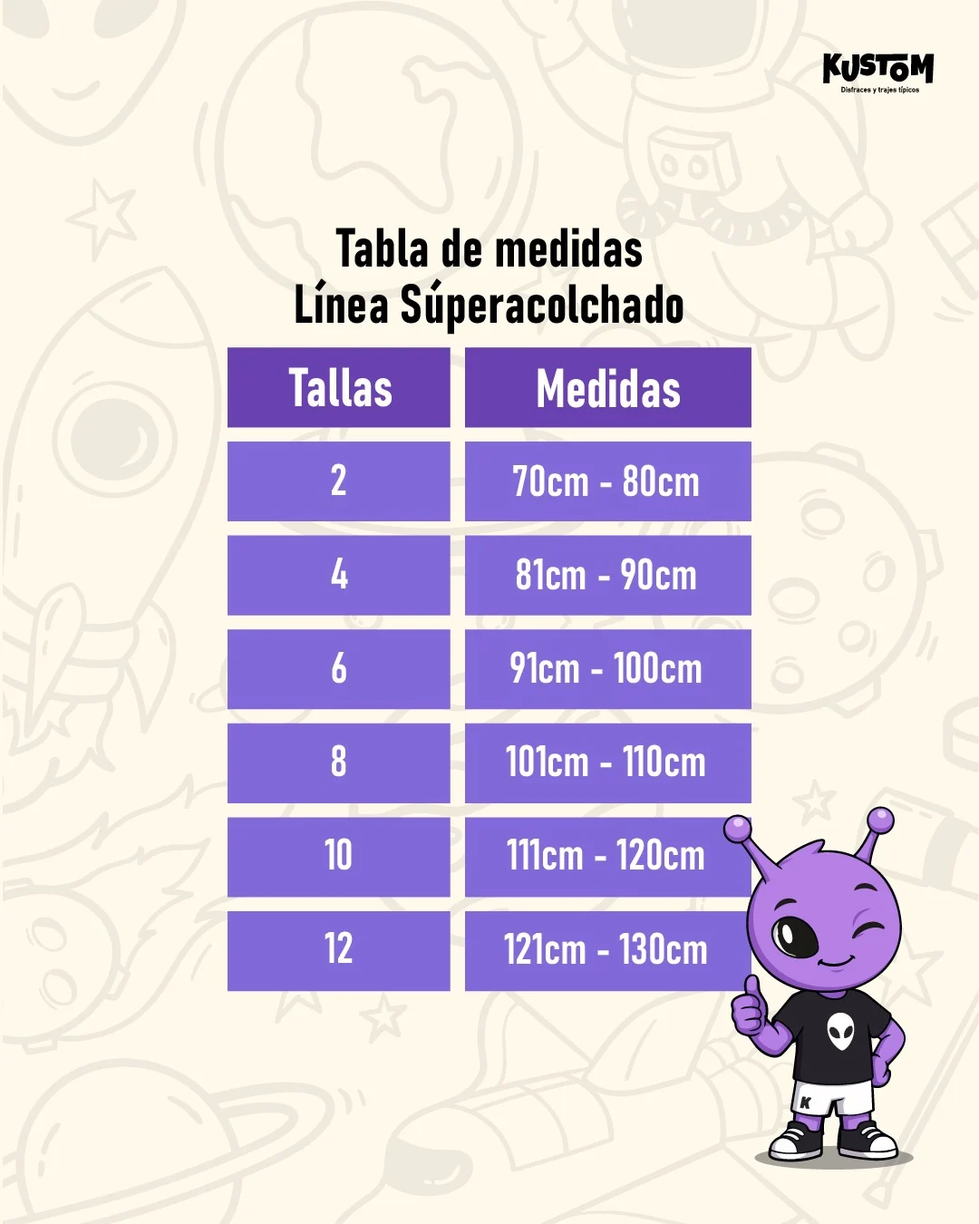 Guía de tallas de Kustom Disfraces