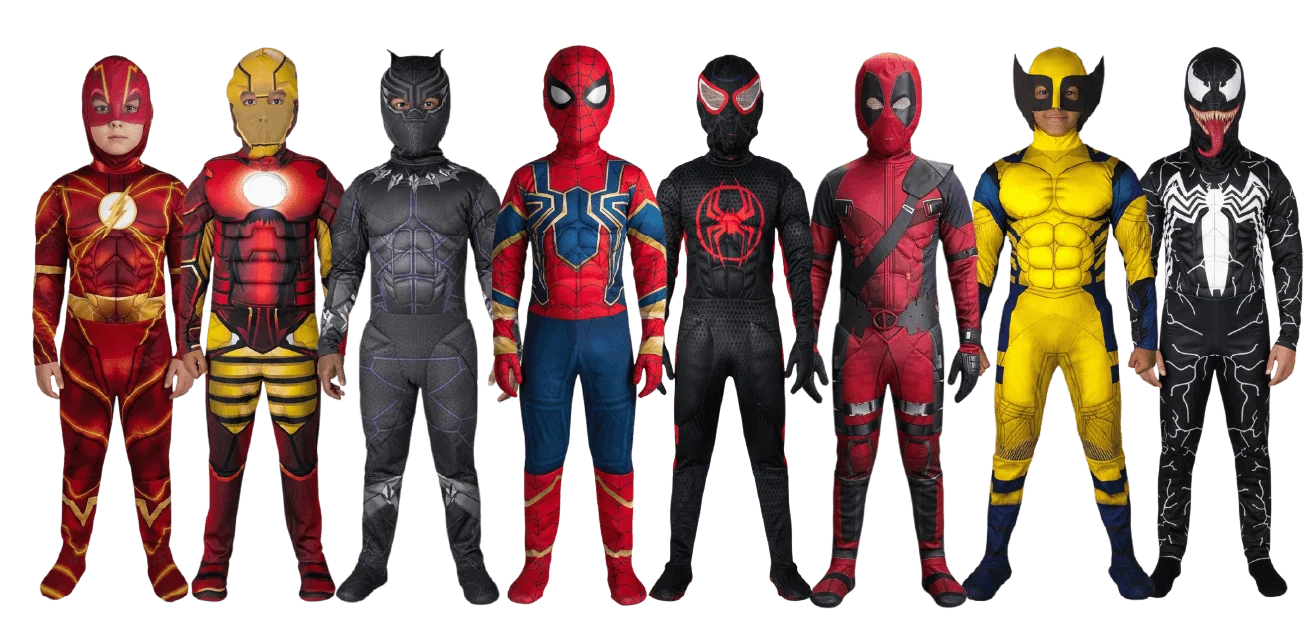 Niños con disfraces de superhéroes: Flash, Iron Man, Pantera Negra, Spider-Man, Miles, Deadpool, Wolverine y Venom